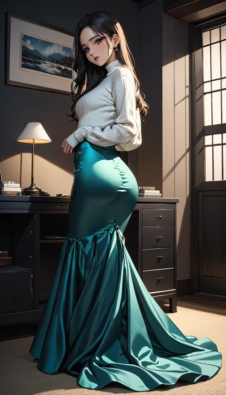 (masterpiece,Highest quality,Ultra-high resolution),Japanese women, (((Very beautiful 25 year old girl))),Long sleeve sweater、((Satin mermaid style high waist long skirt))、The skirt is ankle-length、