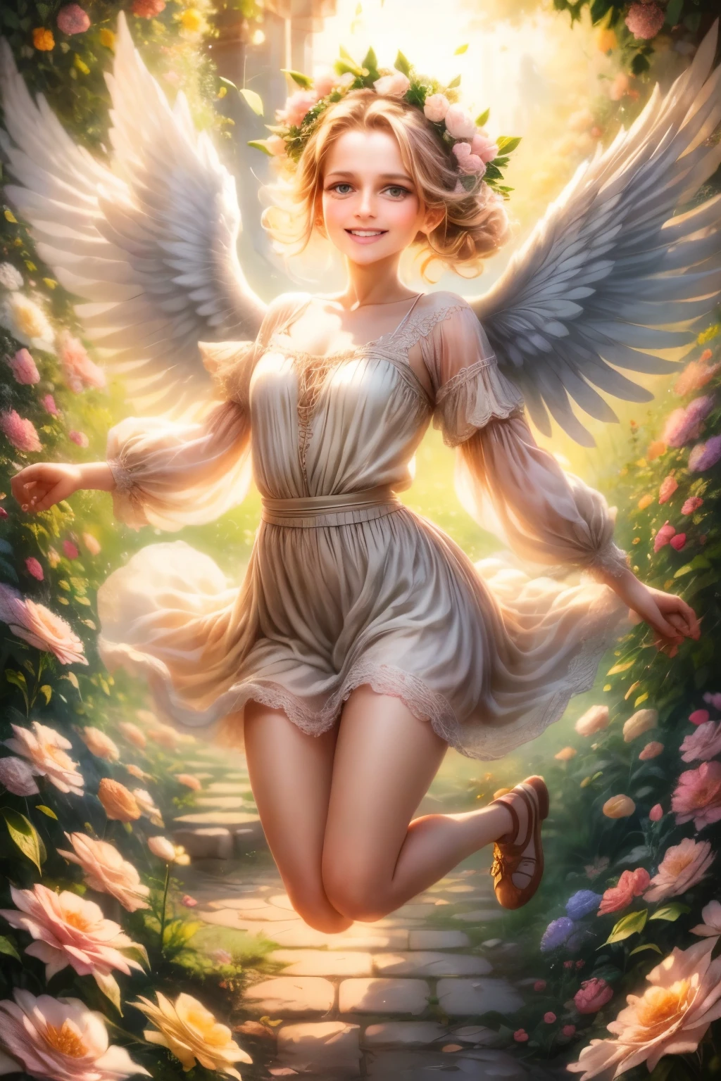 angel art, everyone jumps, smiles, joy, heaven, love, flower garden, happiness, light, lassen