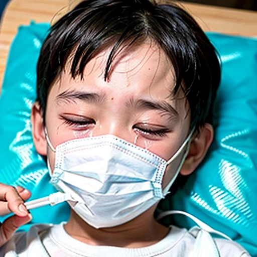 Handsome kindergarten boy with infectious disease、Appearance of suffering. He is wearing a white mask. He has a high fever. he is sleeping. He has a cough. He is exhausted. He is taking his temperature with a thermometer. He is dying. He is cooling his forehead with a cooling gel sheet..Are crying