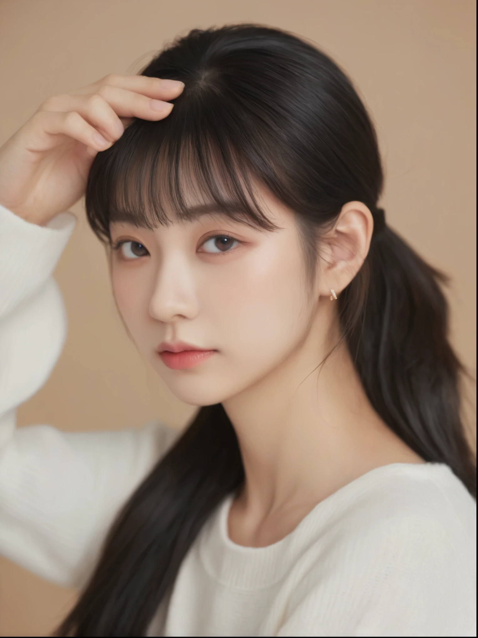 ((Classic dull bangs:1.1)),Hairstyle with messy bangs, Round face with dull bangs, Dull bangs韓国語, Aesthetic Korean Bangs, Blunt with long hair、The bangs are cut straight,((high ponytail:1.5)),(((Dull bangs,Straight bangs:1.1))),(((very long black hair, terribly long black hair:1.1)))1 girl, Fashion Model, focus only, cowboy shot, ((despise)), ((despise)), earrings, black eye, bangs, turtleneck sweater, mole, (Sweat), table top, 最high quality, 超high quality, high quality, realistic, photo-realistic, RAW photo, very detailed, intricate details, autumn, blurred background,