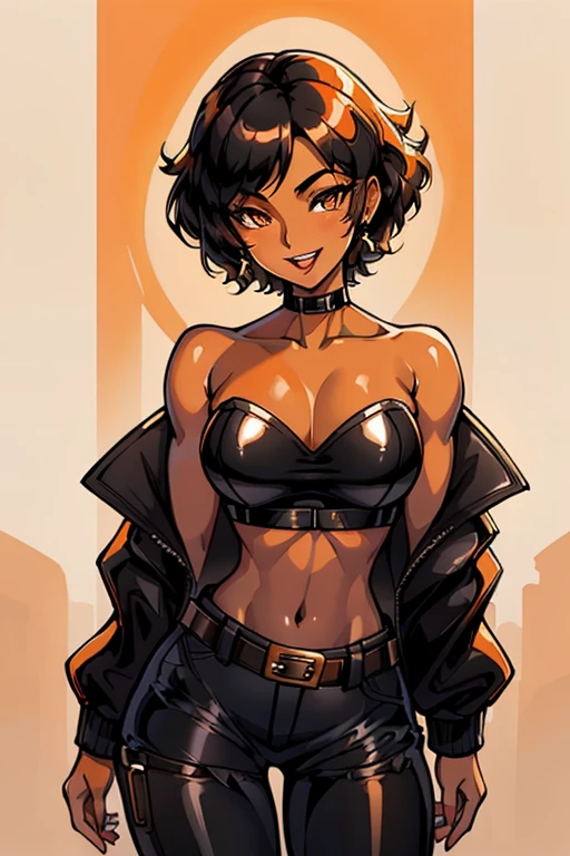 8K, (best quality, masterpiece:1.3), (detailed:1.2), 1girl, solo, ((26 year old, Filipino Woman, tanned bronze skin:1.02, short black hair:1.3, Detailed Amber eyes:1.03, (shiny skin), glossy lips, lipstick, Detailed face, medium breasts, narrow waist, (Wearing: Black Opened Jacket, Strapless Orange tube top, black leather pants, belt:1.2)), (midriff), (agile physique:1.1), (Character Focus),Perfect Anatomy, She's looking at the camera with an thrilled and joyful look on her face, (Smiling, open mouth, teeth),