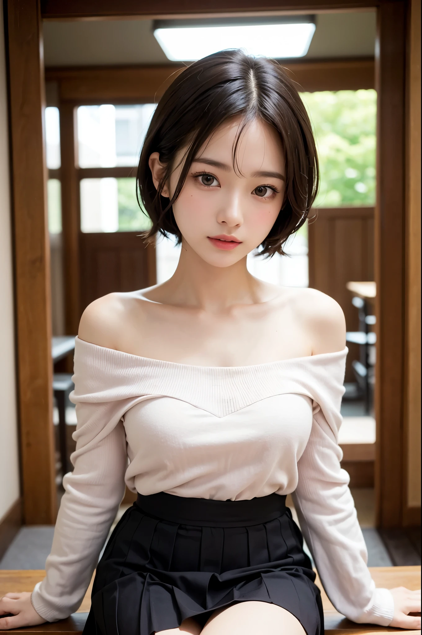 ((sfw: 1.4)), ((sfw, arms behind back, earrings, hairpin, choker, extra short hair, sidelocks-hair, smile, 1 girl)), ultra high resolution, (real: 1.4), RAW photo, highest quality, (photorealistic), focus ,Soft light,((15 years old)),((Japanese)),(((Young face))),(Surface),(Depth of field),Masterpiece,(Photoreal),Woman,Bangs,( (1 girl)