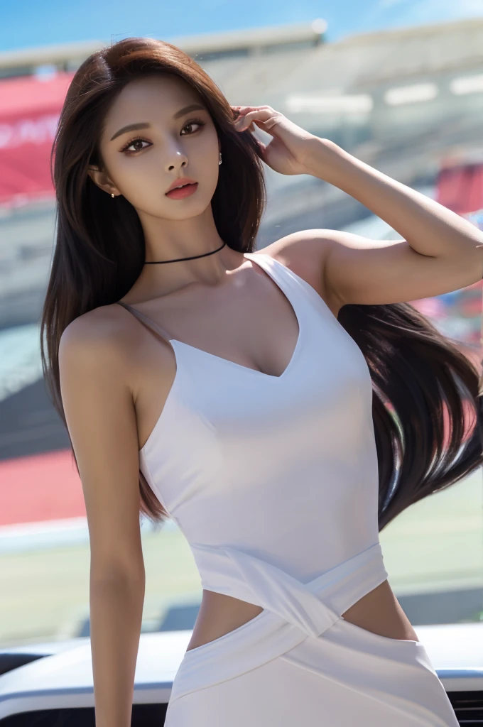 Tzuyu 1, woman, (Realistic), (Hyperrealism), (photoRealistic), Written boundary depth, eye make up:0.7 (whole body:1.2), (Large Bust),(Tight waist), Observe the audience,In the pits of a race track, Race Queen, A sexy dress with open shoulders and neckline