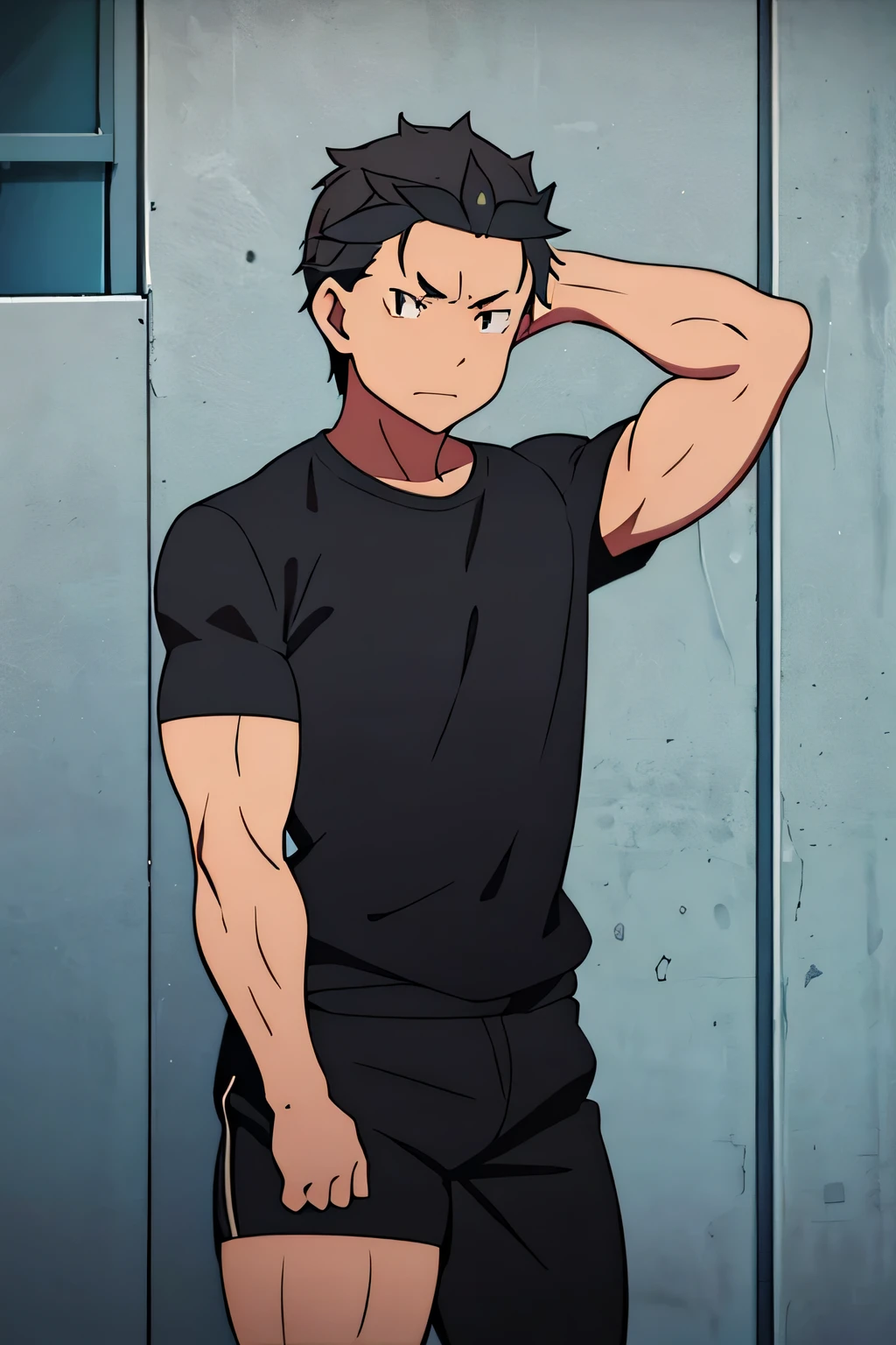 Subaru is flexing his biceps. He wears black shorts. You can see his thighs. He looks stoic and serious. He has bulging veins on his arms. He wears a black tshirt with short sleeves. His sleeve is completely rolled up so you can see his entire arm and shoulder. He is showing his abs too.