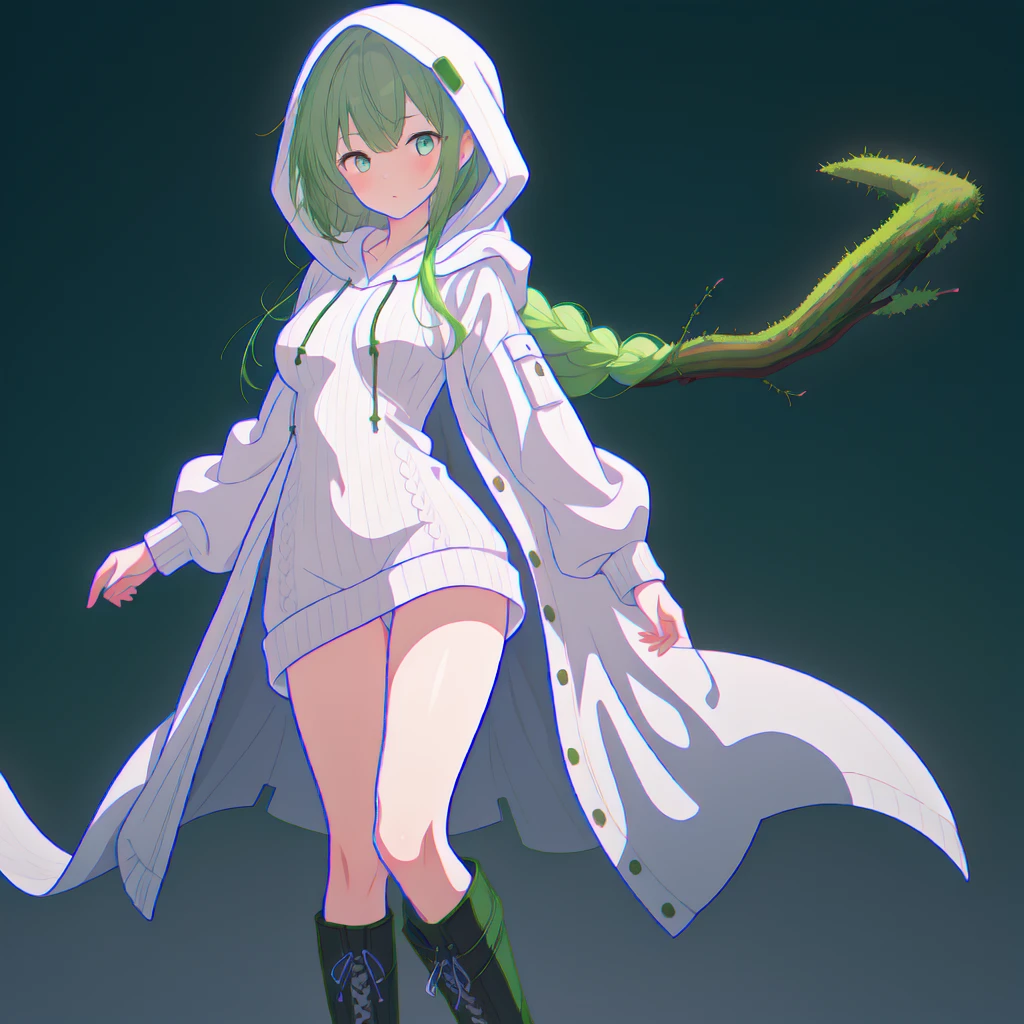 (highest quality, masterpiece, High resolution),One girl,alone,Milky white, blue gradient straight long hair,Hooded_Tracking_Large hoodie with ribbed knit hem and cuffs、Knee-high boots,alone focus,Simple Background,Small breasts moss green strokes,