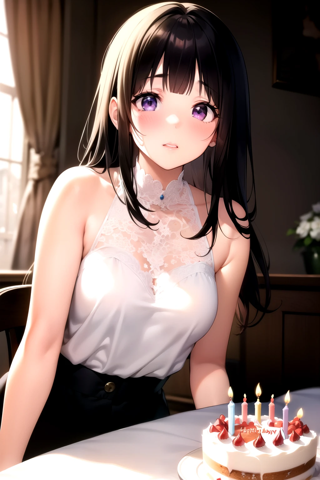 (A superb exquisite Chitanda Eru), (mature face), intricate details, (finely detailed beautiful eyes: 1.2), purple eyes, long black hair, natural straight hair, straight bangs, solo, [Small_breasts: large_breasts: 0.5], extremely delicate, peerless beautiful girl, dreamy quality, solid color, bright lips, slender waist, straight curves, soft lights and shadows, super fine, 8K HD, (masterpiece:1.4), (((blush, embarassed, soft lips, birthday cake)))