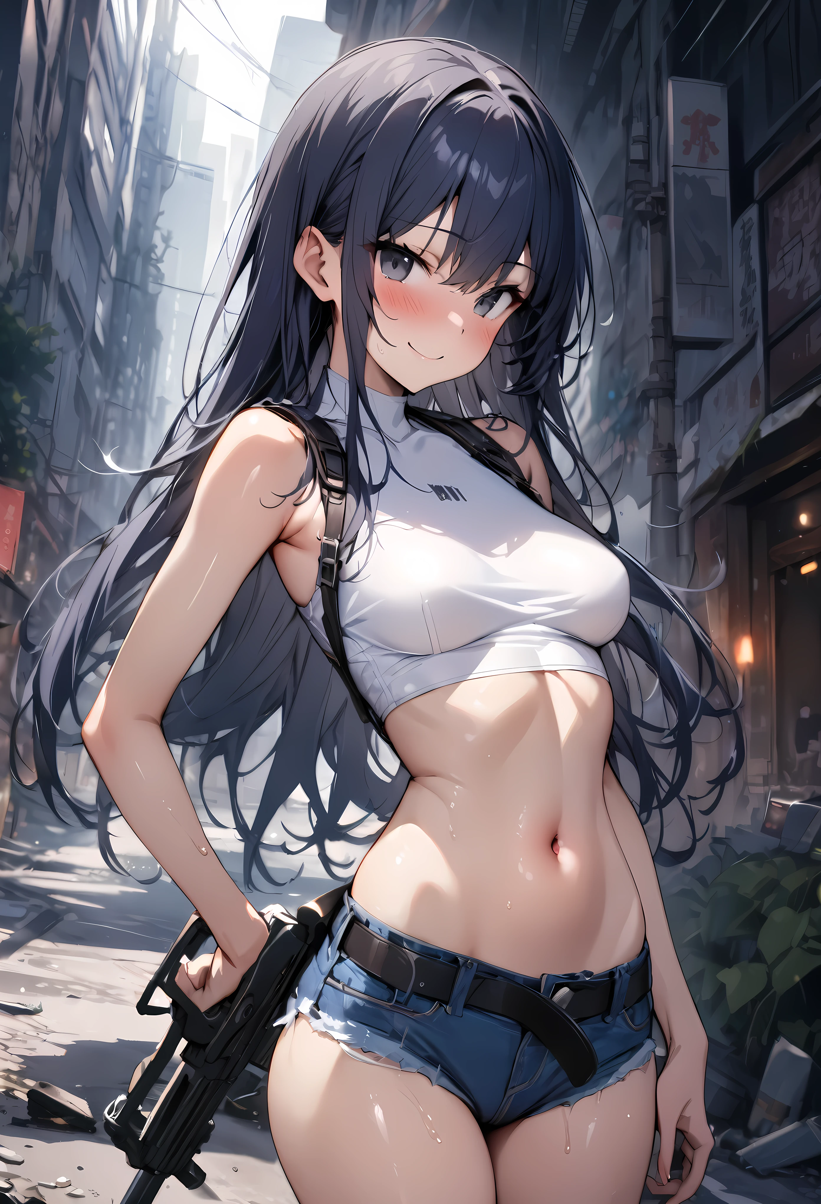 ((masterpiece, highest quality:1.3)),cowboy shot,20 year old beauty,solo,((very small head)),((long body)),dark blue hair,long hair,black eyes,bangs,medium breasts,,slender body,skinny,shiny skin,oily skin,smile,blush,smile,White tight tank top、Crop length、navel、Denim micro mini shorts、gunbelt,equipped with automatic rifle、on street、Ruined Tokyo、End of the World、