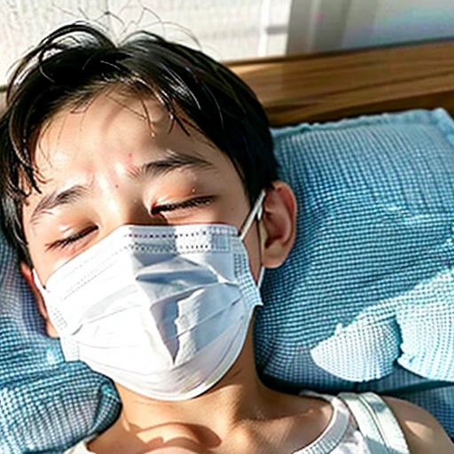 Handsome kindergarten boy with infectious disease、Appearance of suffering. He is wearing a white mask. He has a high fever. he is sleeping. He has a cough. He is exhausted. He is taking his temperature with a thermometer. He is dying. He is cooling his forehead with a cooling gel sheet..Are crying