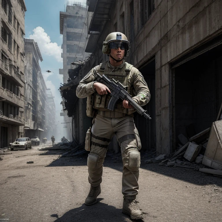 (masterpiece:1.4), (highest quality, 8k, Super detailed, Realistic), Incredible detail, Very detailed explanation, Fleeing Soldiers,machine gun,White and khaki clothing,In the ruined city,(Helmet,Black goggles),Very sophisticated