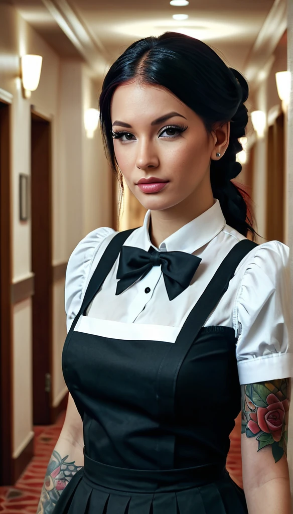 a woman with tattoo, (([red|black] hair)), long hair, maid, (modern maid outfit) maid, look at viewer, hotel corridor,  indoors, (soothing tones:1.0), (hdr:1.25), (artstation:1.2), dramatic, (intricate details:1.14), (hyperrealistic 3d render:1.16), (filmic:0.55), (rutkowski:1.1), (faded:1.3)