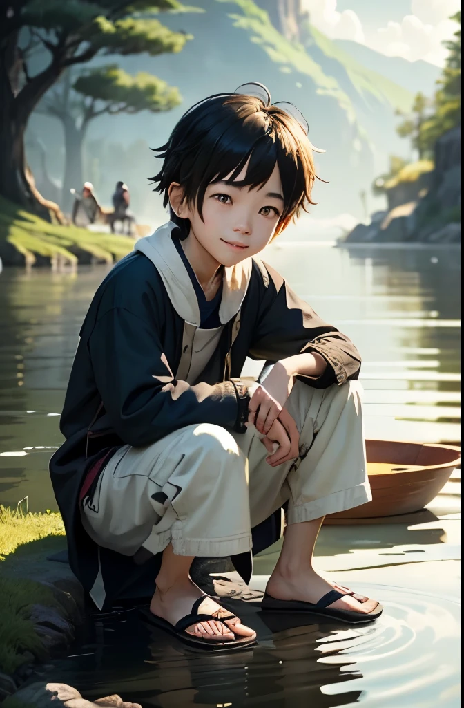 Main Character: Xiao Ming from a poor family
Character State: Xiao Ming is playing by the lakeside. He is a , skinny boy wearing a tattered but clean coat. His face bears an innocent and kind smile, with eyes filled with determination and hope. He is holding a homemade toy boat, enjoying his time by the lake.
Pose and Attire: Xiao Ming is crouching by the lake, gently pushing the toy boat into the water. His coat is visibly worn out, with patches and frayed edges, but it is clean and carefully maintained. His posture shows a sense of joy and contentment despite his poverty. Emphasize Xiao Ming's face, making sure his facial features are clear with bright eyes and a gentle smile. Also, ensure that his fingers and toes are detailed and clearly visible.
Style: Disney Pixar style animation