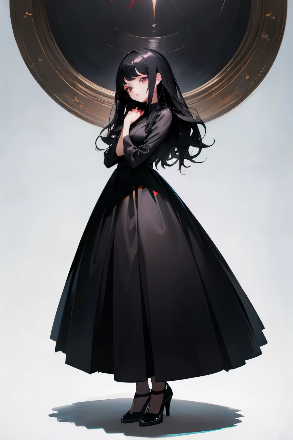 1 female, Black Hair, Big dark eyes, Delicate face, cute, Full-body portrait, Down to the shoes,Are standing,long hair,Black dress,Ultra HD, masterpiece, highest quality, Super detailed, Accurate