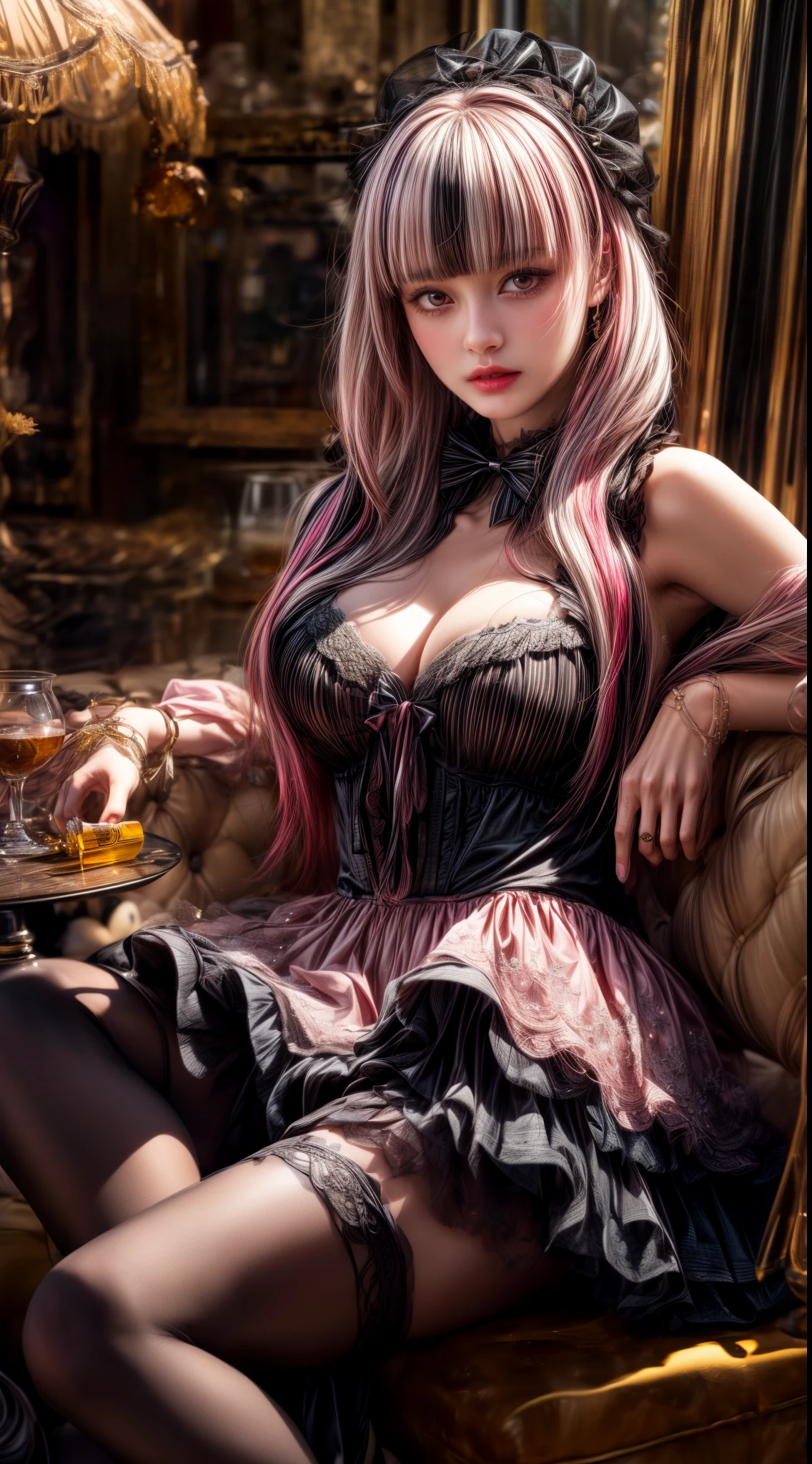 Mature Woman、Pink Hair、Light gray hair、((Two-tone hair))、Black ta dress with delicate pink embellishments、Slender women、Cute Woman、 8K Ultra HD,Detailed face、Delicate texture, Long Hair、(((Blunt bangs)))、(((Drill Hair)))、Tutu skirt、Thigh-length tights、short boots、((Sweet Loli、mini skirt、A room in a Western-style building、((Delicate photo)),(Girl Astepeace RAW Photo Details:1.25), (highest quality:1.6), (超A high resolution:1.5), (Realistic:1.75), 8K resolution, Canon EOS R5, 50mm, Absurd, Super detailed,Cinema Lighting、((Stuffed animal and whiskey glass:1.25))