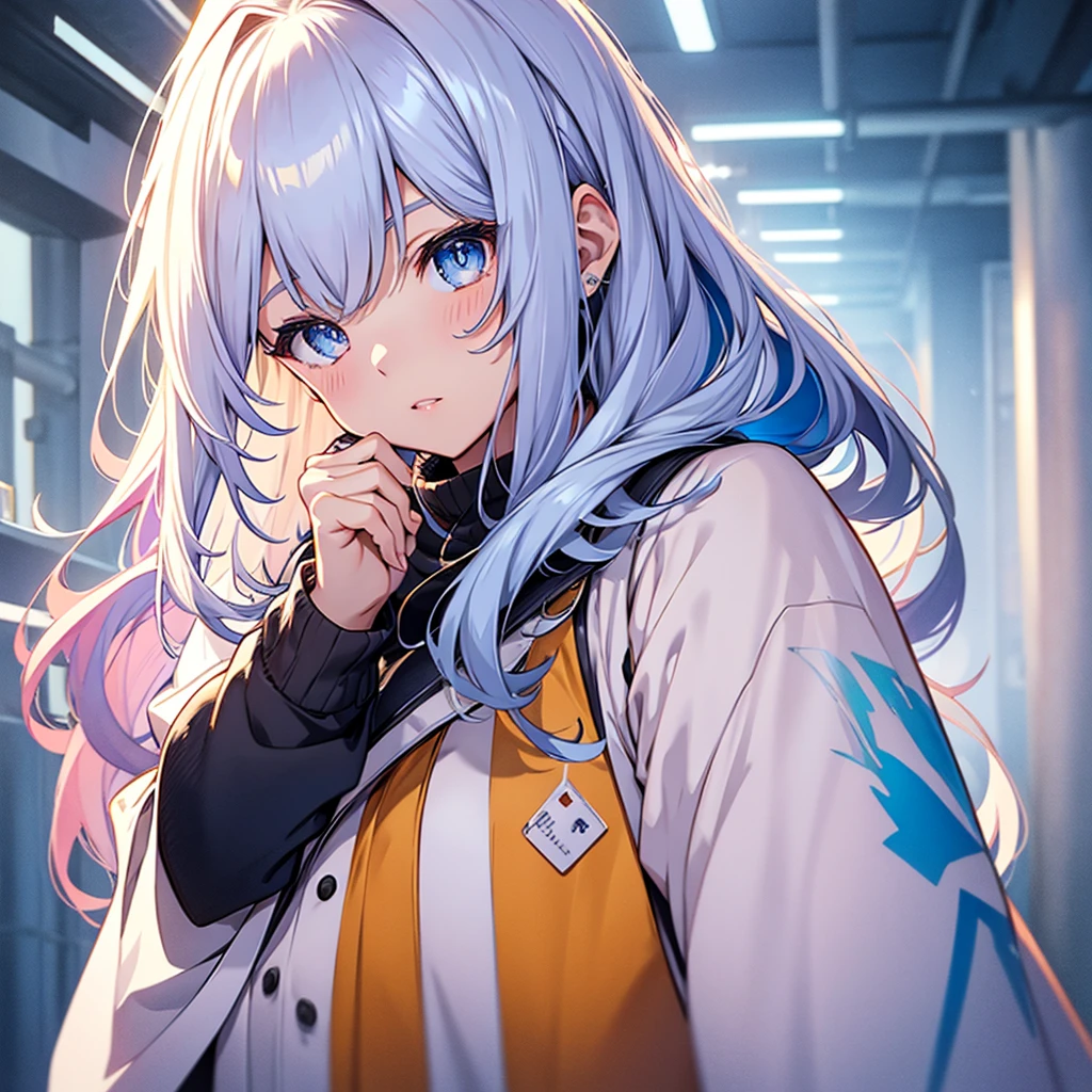 vtuber half body、Bangs shorter than eyebrows、highest quality、Best illustrations、Very detailed、Upper Body、alone、1 girl、Looking into the camera、upright、Place your arms at your sides、Beautiful fine details、Concept Art、from the front、White Background、Simple Background、Droopy and large eyes、Very detailedな眼、Sparkling, shining, white and blue gradient long hair、Short sleeve、water colored pencils、Kind Face、blush、Virtual YouTuber、