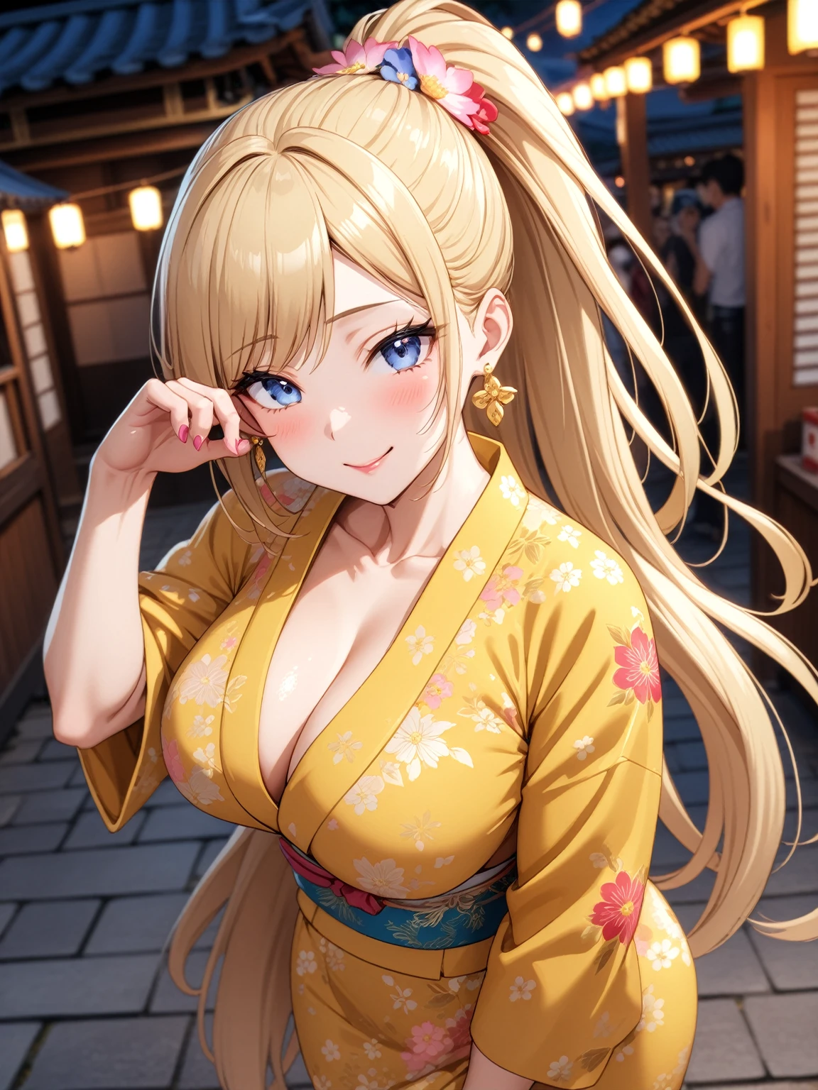 ((One woman)), Beautiful Face,Embarrassed,((Wink:1.8)),(Touching ears with fingers),真っ赤にEmbarrassed,Sweat on the face,Glossy pink lips,night,Shrine festival stalls, ((Anime style background)),masterpiece, highest quality, so beautiful, up to date, Complex details, (Pink long nails),AI-generated, Complex,High resolution, highest quality, super high quality,3D Images、View the viewers、3D Images,one person,Long Blonde Hair,High Ponytail,blue eyes,Anime woman posing for a photo, [[Fine grain、Colorful eyes、Shining Eyes:1.15]],(Squint your eyes:1.1),a hyperRealistic , hyperRealistic , Realistic,Blonde anime woman with long hair, Smooth anime CG art, A woman in a colorful kimono with gold embroidery, (Yellow kimono),Pink floral pattern,Long flower hair ornament,Big earrings,(Large Breasts:1.2),Mature Body,tall,Big Ass,Fine details,Narrow waist,Six-pack,Photographed from diagonally above,looking at the camera