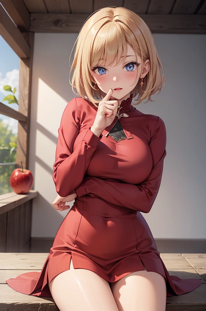 masterpiece、Soft Focus , Bright gradient watercolor、Tabletop, High resolution, 8k, Anime Women, Delicate and detailed writing 、Detailed digital illustration、high resolution, high quality、Detailed Background、Close-up photo、(((Two arms、Four fingers, One thumb)))、Detailed female face、Accurate Fingerasterpiece:1.2)、highest quality、High resolution、unity 8k wallpaper、(figure:0.8)、Highly detailed face、Perfect lighting、Highly detailed CG、(Perfect hands、Perfect Anatomy)、
(Cowboy Shot:1.1)、One girl、stand、basket、knife、Red apples、Red dress、Red ribbon、Red shawl、Red Shoes、Blonde、Short Hair、blue eyes、Big round eyes、Open your mouth、