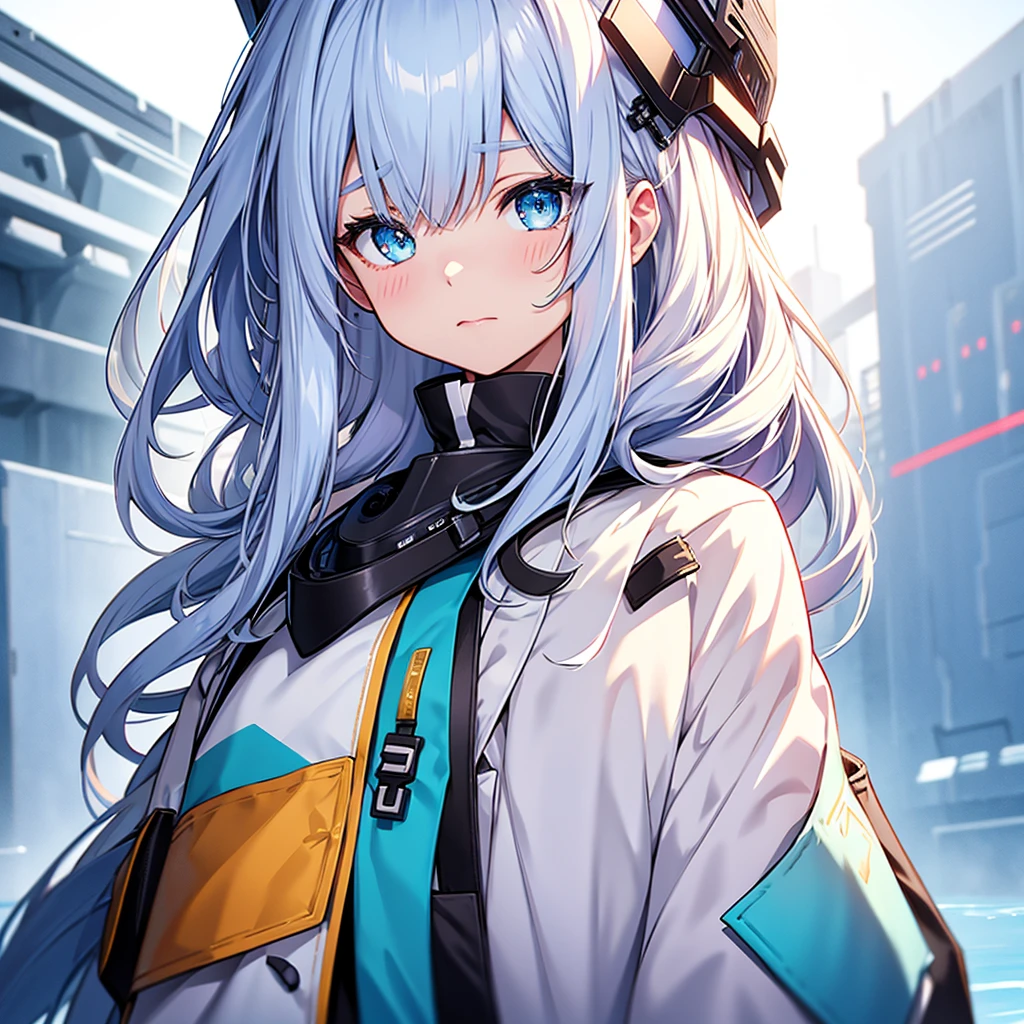vtuber half body、Bangs shorter than eyebrows、highest quality、Best illustrations、Very detailed、Upper Body、alone、1 girl、Looking into the camera、upright、Place your arms at your sides、Beautiful fine details、Concept Art、from the front、White Background、Simple Background、Droopy and large eyes、Very detailedな眼、Sparkling, shining, white and blue gradient long hair、Short sleeve、water colored pencils、Kind Face、blush、Virtual YouTuber、
