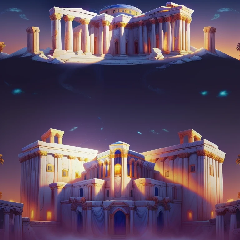 arafed view of a building with a clock tower at night, surrealistic roman architecture, projection mapping, video still, the temple of truth is white, greek acropolis, parthenon, eternal city, reflection lumen mapping, neon ancient ruins, neon roman, ancient greek temple, ( ( ruins of ancient rome ) ), youtube video screenshot, greek temple