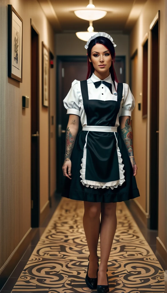 Full body shot, a woman with tattoo, (([red|black] hair)), long hair, maid, (modern maid outfit) maid, look at viewer, 5 stars hotel corridor,  indoors, (soothing tones:1.0), (hdr:1.25), (artstation:1.2), dramatic, (intricate details:1.14), (hyperrealistic 3d render:1.16), (filmic:0.55), (rutkowski:1.1), (faded:1.3)
