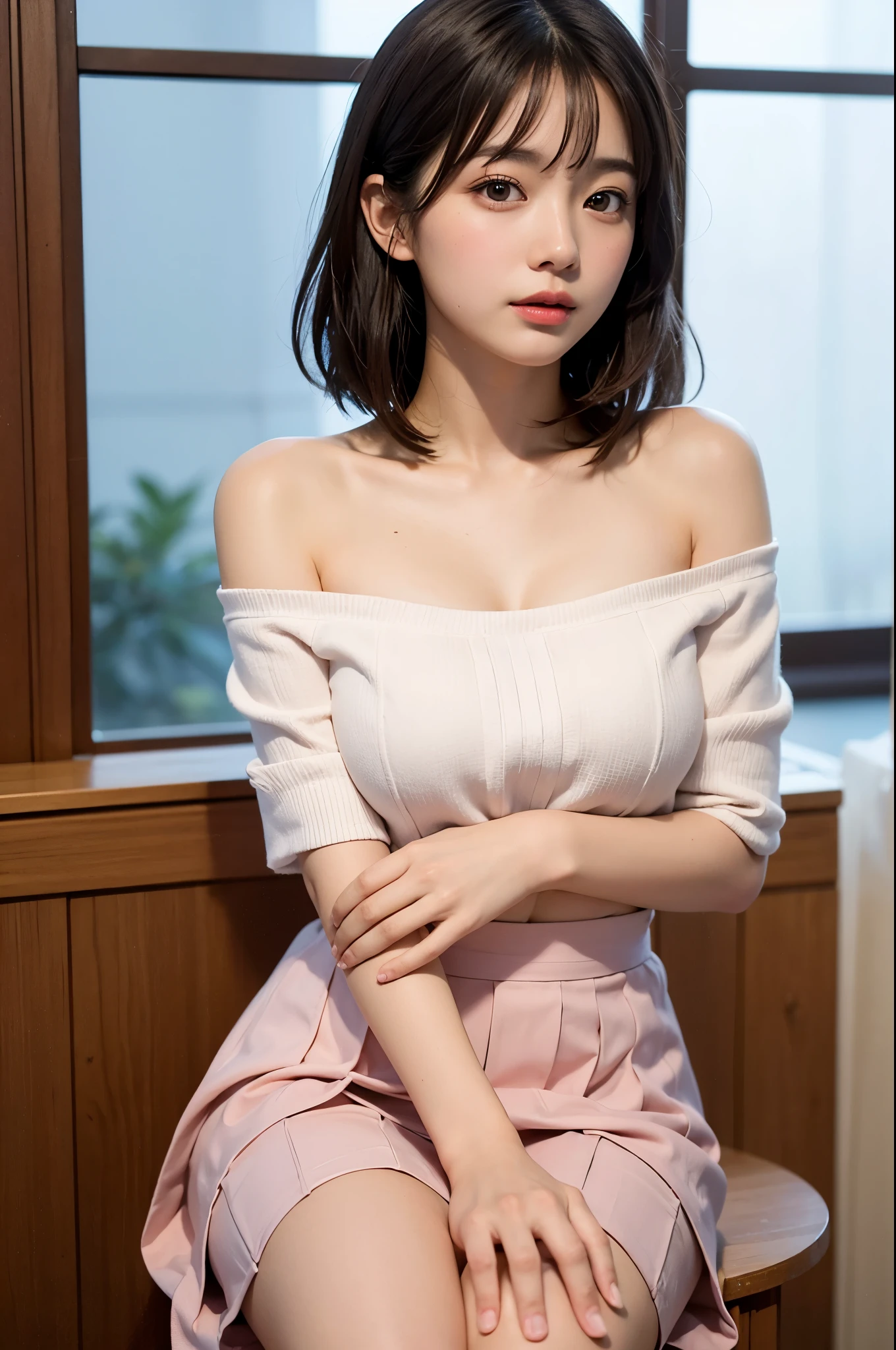 (High resolution、8k:1.3)、masterpiece、(Ultra-realistic as a photo:1.3)、Very nice finish、perfect anatomy, Sharp focus, 超High resolutionの顔、highest quality、The face is in focus、Ultra high definition and beautiful eyes、Eyes are symmetrical、High quality and beautiful skin、Firm Skin、Japanese Girls, Slender、very cute、、(Off the shoulder、Pleated skirt、mini skirt), Natural Makeup, (blush:1.3), (Embarrassing:1.3)、Sitting、(View your viewers:1.3),short hair, messy hair