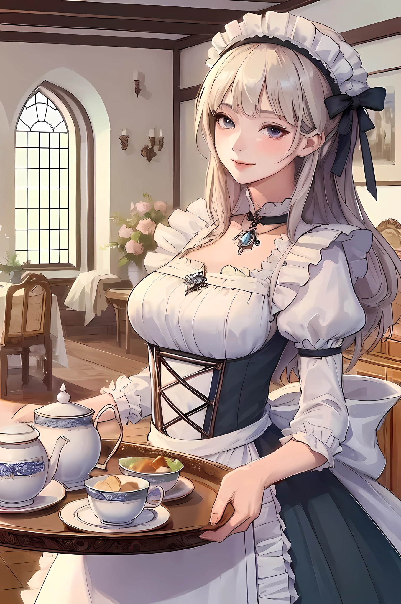 1lady solo, standing, (holding tray with elegant tea set and snacks on it), female servant, (maid outfit) classical, (calm attire), (long skirt), (maid headset), mature female, /(white beige hair/) bangs, kind smile, (looking at viewers), (masterpiece best quality:1.2) delicate illustration ultra-detailed, large breasts BREAK (mansion) medieval European, indoors, antique furniture, noon, detailed background