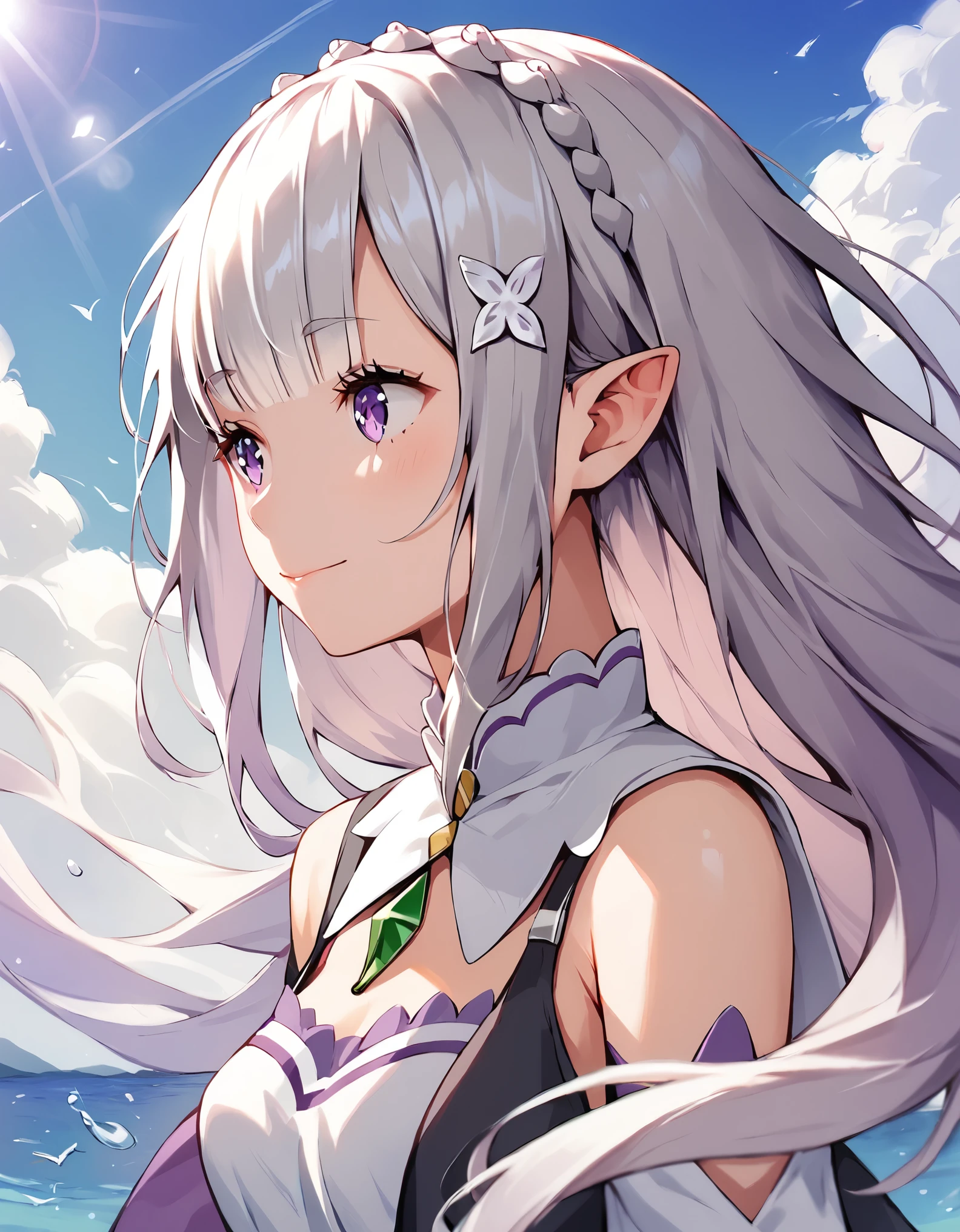 score_9, score_8_up, score_7_up, 1girl,re:emilia \(re:zero\),long hair,grey hair,day,sunlight, floating hair,