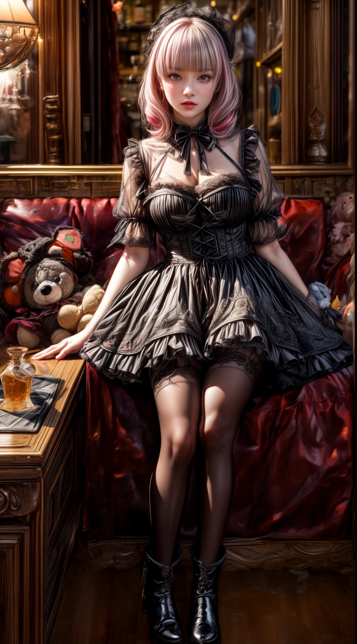 Mature Woman、Pink Hair、Light gray hair、((Two-tone hair))、Black Lolita dress with delicate pink embellishments、Slender women、Cute Woman、 8K Ultra HD,Detailed face、Delicate texture, Long Hair、(((Blunt bangs)))、(((Drill Hair)))、Tutu skirt、Thigh-length tights、short boots、((Sweet Lolita))、mini skirt、A room in a Western-style building、((Delicate photo))，(Girl Astepeace RAW Photo Details:1.25), (highest quality:1.6), (超A high resolution:1.5), (Realistic:1.75), 8K resolution, Canon EOS R5, 50mm, Absurd, Super detailed,Cinema Lighting、((Stuffed animal and whiskey glass:1.25))