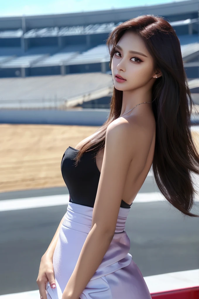 Tzuyu 1, woman, (Realistic), (Hyperrealism), (photoRealistic), Written boundary depth, eye make up:0.7 (whole body:1.2), (Large Bust),(Tight waist), Observe the audience,In the pits of a race track, Race Queen, A sexy dress with open shoulders and neckline