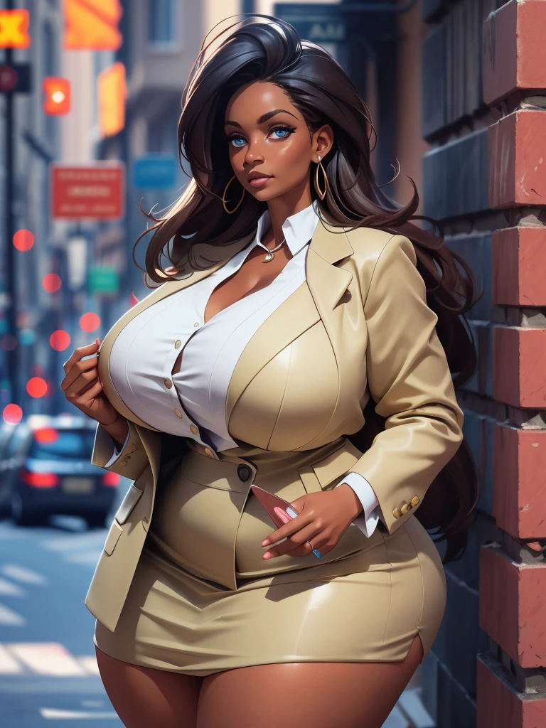 (extremely detailed CG unity 8k wallpaper:1.5),<(masterpiece:1.5), (best quality:1.7), high resolution illustration, (finely detailed eyes and detailed face:1.3), (detail:1.3, best quality, (ultra-detailed), (an extremely delicate and beautiful), (illustration), (painting),(masterpiece:1.5),cinematic light,dynamic angle,floating,sharp focus,(2d:1.7), (best quality:1.3),(illustration:1.1),((disheveled hair:1.2),(beautiful detailed eyes:1.1),(cinematic light:1.1), beautiful (40 year old) African woman, ((wearing henley buttoned-up blazer-suit and long pencil-skirt)), at park, outdoor, curvy body type, voluptuous body type, curvy body type, thick body type, big chest, big , (full_body),