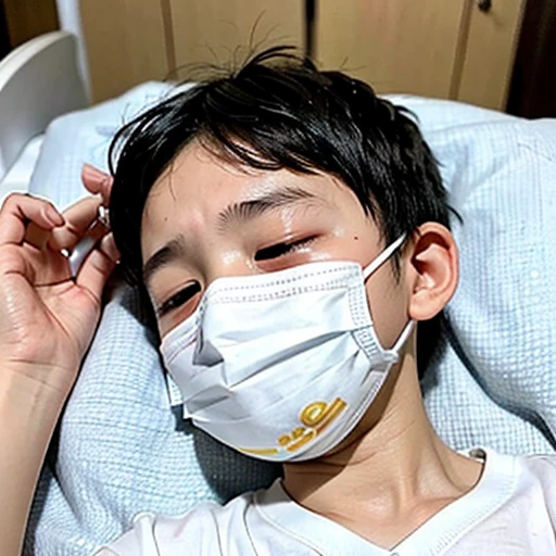 Handsome kindergarten boy with infectious disease、Appearance of suffering. He is wearing a white mask. He has a high fever. he is sleeping. He has a cough. He is exhausted. He is taking his temperature with a thermometer. He is dying. He is cooling his forehead with a cooling gel sheet..Are crying