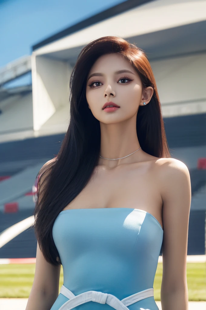 Tzuyu 1, woman, (Realistic), (Hyperrealism), (photoRealistic), Written boundary depth, eye make up:0.7 (whole body:1.2), (Large Bust),(Tight waist), Observe the audience,In the pits of a race track, Race Queen, A sexy dress with open shoulders and neckline