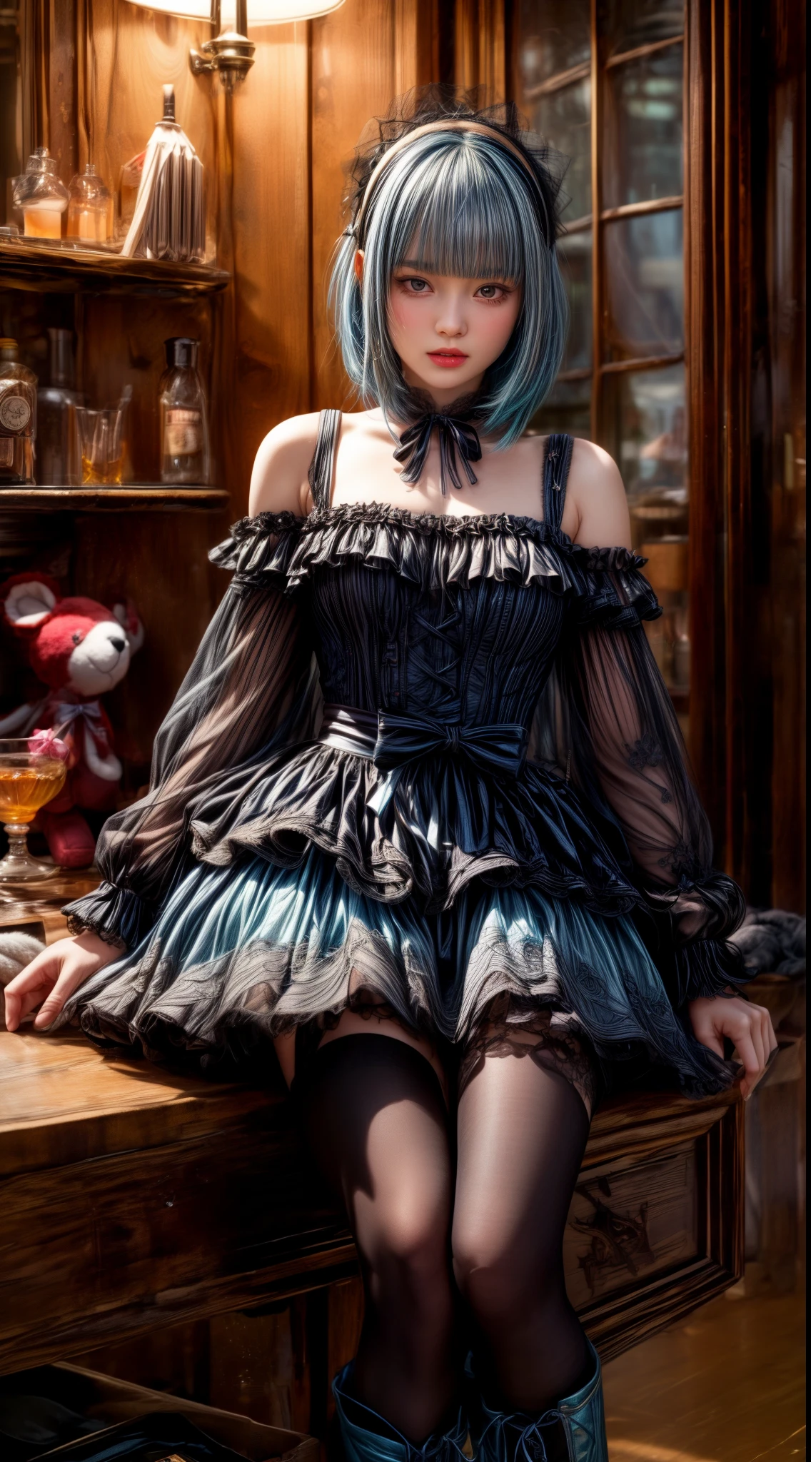 Mature Woman、Light blue hair、(Black Hair)、((Two-tone hair))、Black Lolita dress with delicate light blue decoration、Slender women、Cute Woman、 8K Ultra HD,Detailed face、Delicate texture, Long Hair、(((Blunt bangs)))、(((Drill Hair)))、Tutu skirt、Thigh-length tights、short boots、((Sweet Lolita))、mini skirt、A room in a Western-style building、((Delicate photo))，(Girl Astepeace RAW Photo Details:1.25), (highest quality:1.6), (超A high resolution:1.5), (Realistic:1.75), 8K resolution, Canon EOS R5, 50mm, Absurd, Super detailed,Cinema Lighting、((Whiskey glass and stuffed toy))