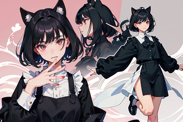 girl, dressed in white long sleeves, with a black vest and knee-length black skirt, slightly narrow, red eyes, detailed eyes, long black socks, school shoes, has cat ears, has short black hair like a boy, but has a lot of hair, the sides of her hair stick out, she is a calm girl, short hair like boy, long black dress, jumping pose, bring a bomb