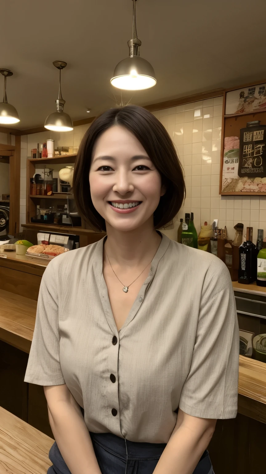 portrait、8K、high quality、realistic photo images、50 years old、japanese woman、wrinkles around the eyes、、Beautiful black hair、short hair、short hair、light makeup、gentle smile、laughter、short sleeveの服、bright colors、casual clothes、short sleeve、short sleeve、mini skirt、、4k、High level image quality、realistic photo images、japanese woman、45 years old、Pure Japanese humanity、beautiful wife、Upper body、beautiful bust、swelling of the chest、breast、、light makeup、、neat beauty、mature woman、refreshing smile、open your mouth、black hair、black eye、
Small restaurant、Sit on a chair、Snack bar mom、Dimly lit interior、counter、Shochu bottles lined up、