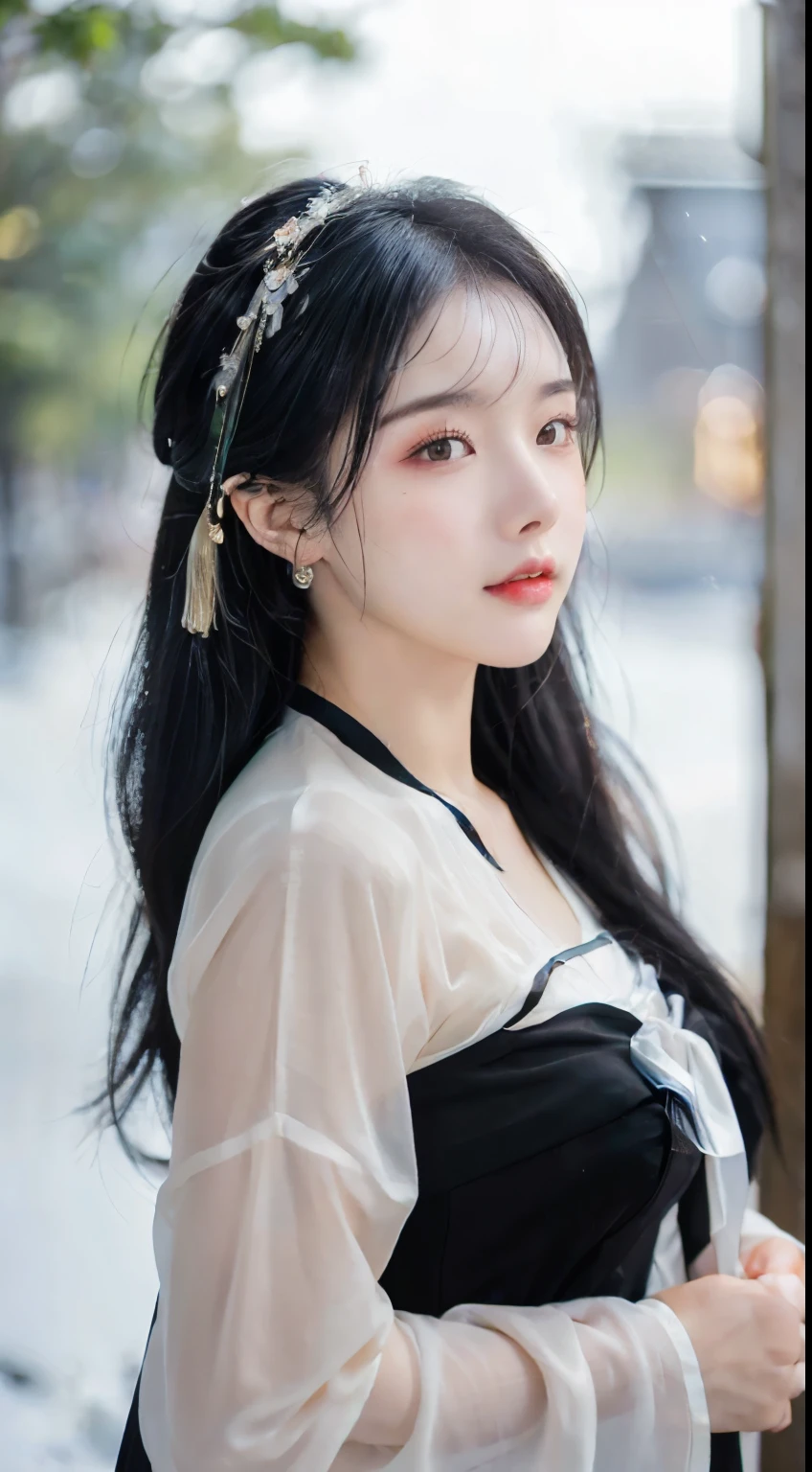 、(top quality,masterpiece:1.3,Ultra-high resolution,),(Super detailed,Caustic lines),(Reality:1.4,RAW Shooting,)Ultra-realistic capture,Very detailed,HD 16K，Suitable for human skin、 Natural skin texture、、Skin looks healthy and even-toned、 Use natural light and color,A woman,Kawaii,black hair,Medium Length Hair,(Depth of Field、Chromatic Aberration、、Wide lighting range、Natural shadows、)、(Nighttime outdoor lighting:1.4)、(Snow Scene:1.2)、(Hair blowing in the wind:1.1)(photoPractical, best quality, Ultra-high resolution, Extremely detailed eyes and face:1.3),(1 Girl, Solitary:1.3),On a wooden boat,Black Hair,Practical,long hair,Jewelry,Upper Body,White see-through Hanfu,Vague,earrings,Lips,Chinese clothes,Hair accessories,black eyes,Vague background,looking off to the side,Shut up,