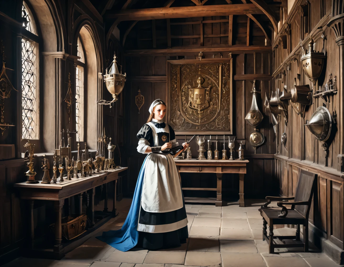 An ancient photograph, a cyborg girl in a maid outfit is building in the hall of a medieval castle, medieval furnishings, trophies and weapons on the walls, heraldry, realistic