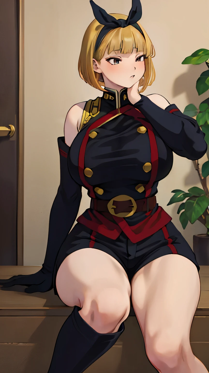 (masterpiece, highest quality, Intricate details,4K, 8k, 32k, Ultra HD、so beautiful)、alone、, Show Viewer,mashuu,mashuustyle,Detailed Background、A person who writes in detail、Accurate human body、Knowledgeable person、The correct five、Mature Woman,Big Breasts, Thick thighs,cruvy body,giant woman,ShushuSuruga, bob cut, black hairband,(( military uniform)), bare shoulders, elbow gloves, belt, black shorts, knee boots,((Blonde Hair)),in town,((pussy juice))
