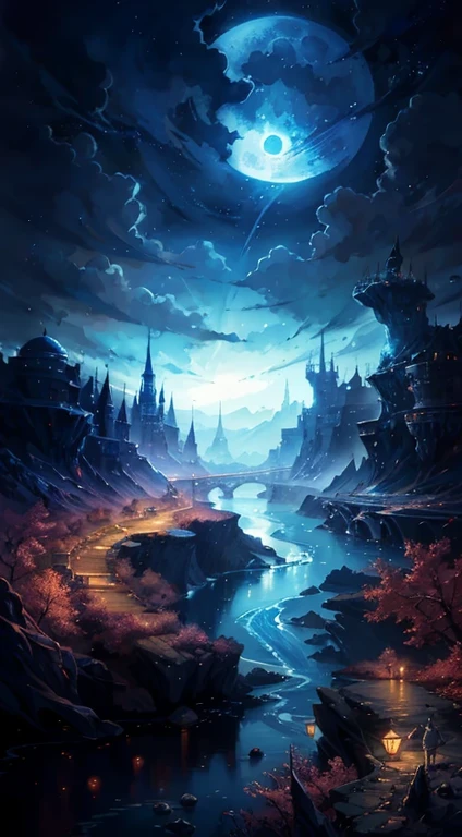 a painting of a river with a full moon in the background, digital art inspired by Andreas Rocha, pixiv contest winner, fantasy art, magical landscape, magical environment, beautiful anime scenery, detailed dreamscape, beautiful anime scene, night scenery, magical dream-like atmosphere, moonlit starry sky environment, anime landscape wallpaper, anime background art, painting of a dreamscape