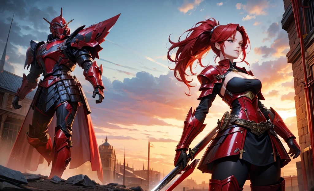 red-haired beauty knight,Short ponytail,Chest,cleavage,black tights,Red sci-fi armor,Long skirt,iron boots,Great sword,medieval european city(masterpiece, best quality, high quality, High resolution, Extremely detailed),