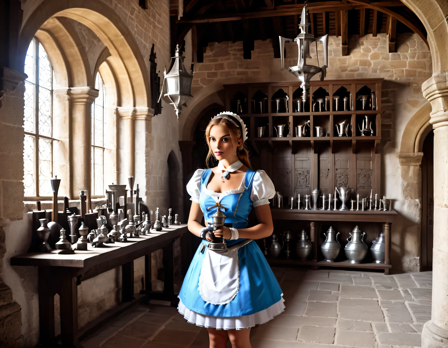 An ancient photograph, a cyborg girl in a maid outfit is building in the hall of a medieval castle, medieval furnishings, trophies and weapons on the walls, heraldry, realistic