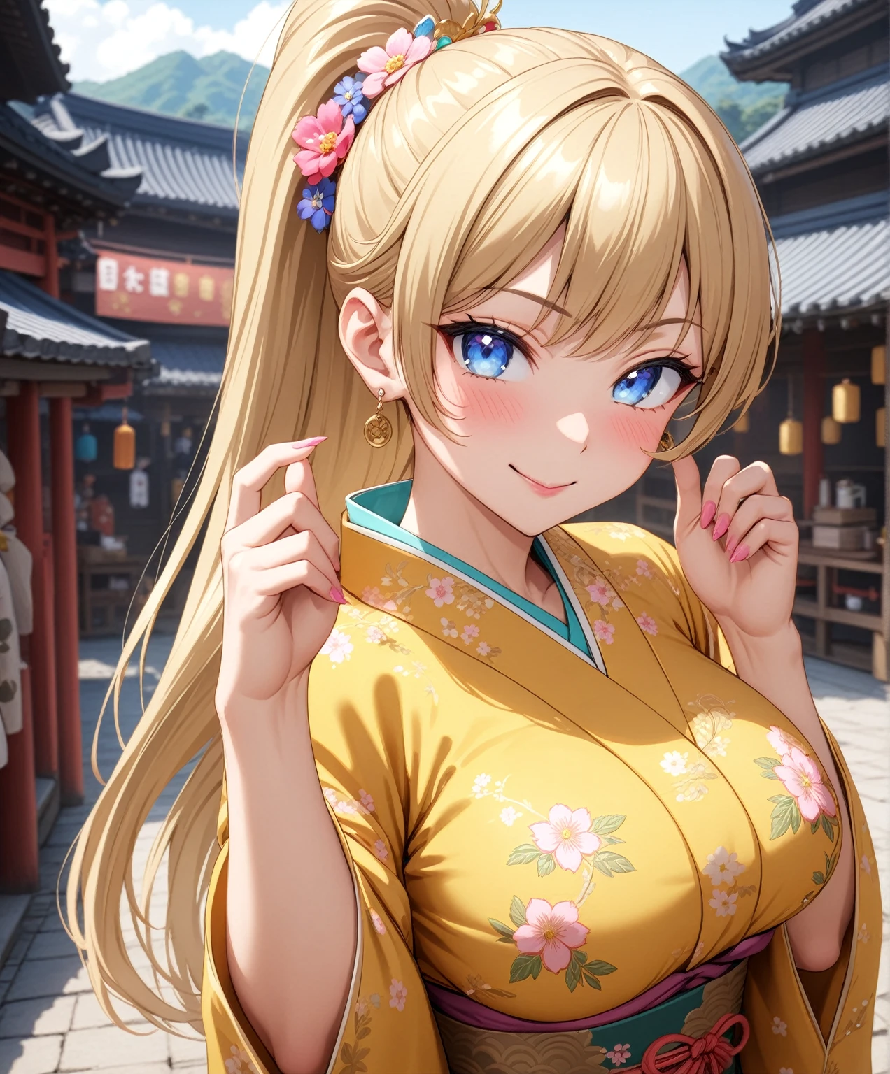 ((One woman)), Beautiful Face,Embarrassed,((Wink:1.8)),(Touching ears with fingers),真っ赤にEmbarrassed,Sweat on the face,Glossy pink lips,night,Shrine festival stalls, ((Anime style background)),masterpiece, highest quality, so beautiful, up to date, Complex details, (Pink long nails),AI-generated, Complex,High resolution, highest quality, super high quality,3D Images、View the viewers、3D Images,one person,Long Blonde Hair,High Ponytail,blue eyes,Anime woman posing for a photo, [[Fine grain、Colorful eyes、Shining Eyes:1.15]],(Squint your eyes:1.1),a hyperRealistic , hyperRealistic , Realistic,Blonde anime woman with long hair, Smooth anime CG art, A woman in a colorful kimono with gold embroidery, (Yellow kimono),Pink floral pattern,Long flower hair ornament,Big earrings,(Large Breasts:1.2),Mature Body,tall,Big Ass,Fine details,Narrow waist,Six-pack,Photographed from diagonally above,looking at the camera