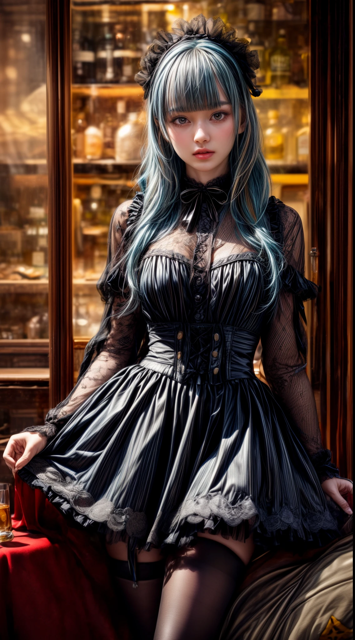 Mature Woman、Light blue hair、(Black Hair)、((Two-tone hair))、Black Lolita dress with delicate light blue decoration、Slender women、Cute Woman、 8K Ultra HD,Detailed face、Delicate texture, Long Hair、(((Blunt bangs)))、(((Drill Hair)))、Tutu skirt、Thigh-length tights、short boots、((Sweet Lolita))、mini skirt、A room in a Western-style building、((Delicate photo))，(Girl Astepeace RAW Photo Details:1.25), (highest quality:1.6), (超A high resolution:1.5), (Realistic:1.75), 8K resolution, Canon EOS R5, 50mm, Absurd, Super detailed,Cinema Lighting、((Whiskey glass and stuffed toy))