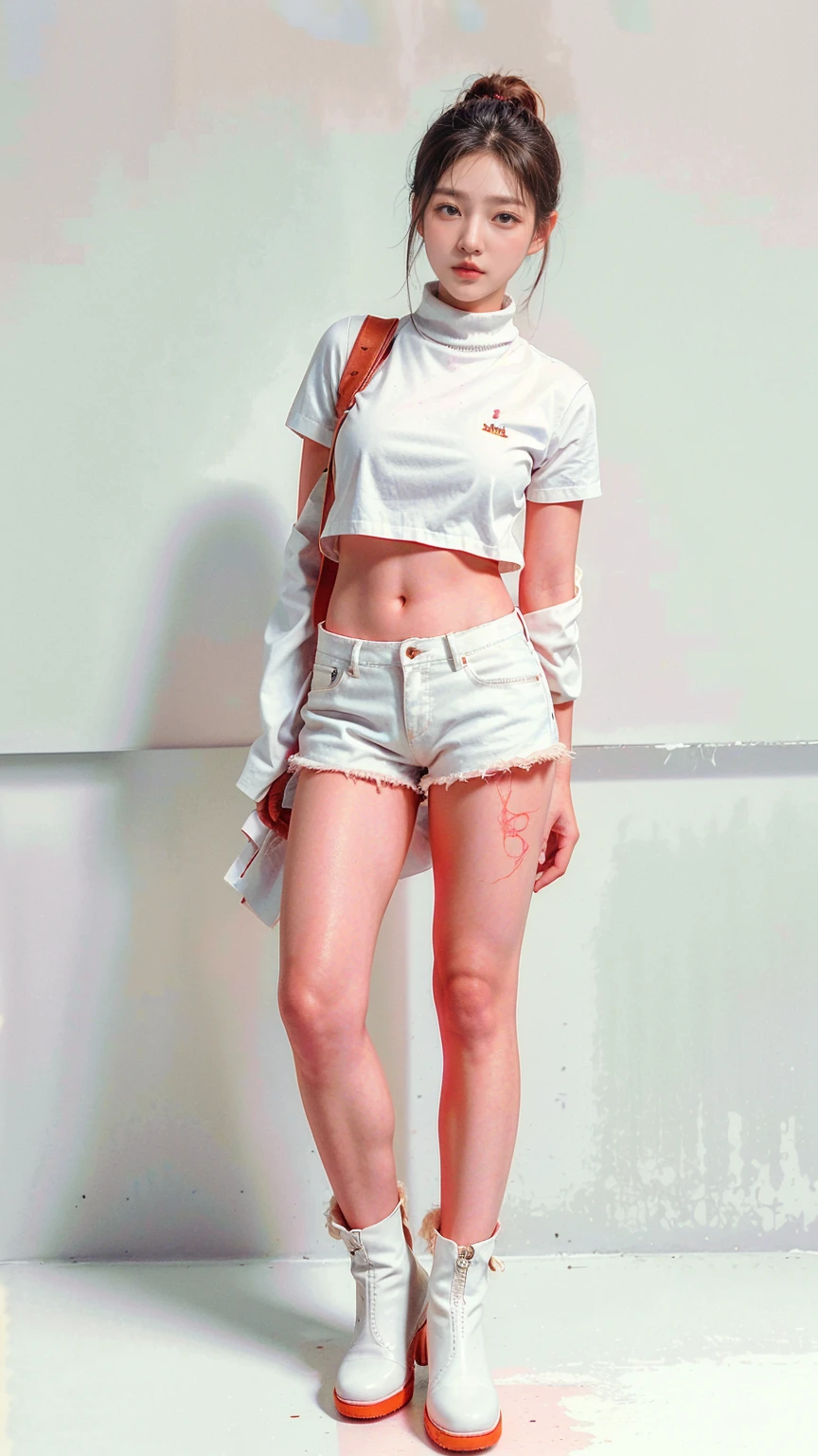 masterpiece,highest quality,High resolution,Full Body View,White jacket,Red innerwear,Belly button,Belted denim mini shorts,The heroine in white cowboy boots,Perfect Legs,Perfect Skin,Perfect Arms,Abdominal muscles,The background is an abandoned factory, short hair, naked portrait, nude photography, shiny nipple, show armpit 