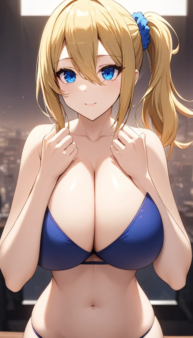 (masterpiece:1.2, best Quality:1.1, 32K HDR, high resolution), (big breasts:1.1, cleavage:1.1, perfect slim body:1.2), (detailed face, detailed eyes, detailed skin texture, perfectly shaped hands, 5 fingers), ai hayasaka, bangs, blue eyes, blonde hair, hair ornament, hair between eyes, sidelocks, side ponytail, scrunchie, hair scrunchie, blue scrunchie, solo, 1girl, indoors, ((long shoot, Extreme Long Shot)) hand down
