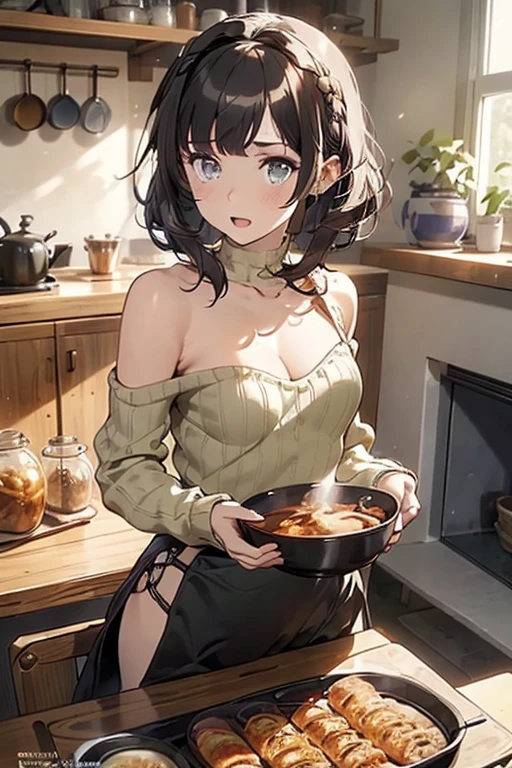 (small breasts:1.2), (perky chest:1.1), (pointed chest:1.0), (cooking magazine cover:1.3),(from below:1.2),(from side:0.9),masterpiece, 1girl, Amazing Cleavage:1.1, thin waist, big ass, Raised sexy, small breast: 1.2, posed cleavage:1.2、solo, open mouth, have a cute grass of cute beergrass,black hair, dark green eyes, dress, bare shoulders, jewelry, collarbone, sidelocks, hairband, earrings, indoors, off shoulder, sweater, arms behind back, plant, short hair with long locks, gild hairband, sweater dress:1.2, off-shoulder sweater, red sweater, dark gord hair, big side hair, very long side hair,is rendered in (masterpiece: 1.2, best quality), with (ultra high resolution) and an exquisite (depth of field). This masterpiece is not only visually stunning but also tells,A scene of cooking in the kitchen by classroom ,looking at viewer,