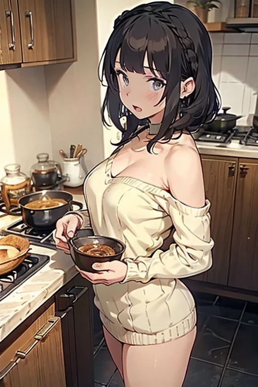 (small breasts:1.2), (perky chest:1.1), (pointed chest:1.0), (cooking magazine cover:1.3),(from below:1.2),(from side:0.9),masterpiece, 1girl, Amazing Cleavage:1.1, thin waist, big ass, Raised sexy, small breast: 1.2, posed cleavage:1.2、solo, open mouth, have a cute grass of cute beergrass,black hair, dark green eyes, dress, bare shoulders, jewelry, collarbone, sidelocks, hairband, earrings, indoors, off shoulder, sweater, arms behind back, plant, short hair with long locks, gild hairband, sweater dress:1.2, off-shoulder sweater, red sweater, dark gord hair, big side hair, very long side hair,is rendered in (masterpiece: 1.2, best quality), with (ultra high resolution) and an exquisite (depth of field). This masterpiece is not only visually stunning but also tells,A scene of cooking in the kitchen by classroom ,looking at viewer,