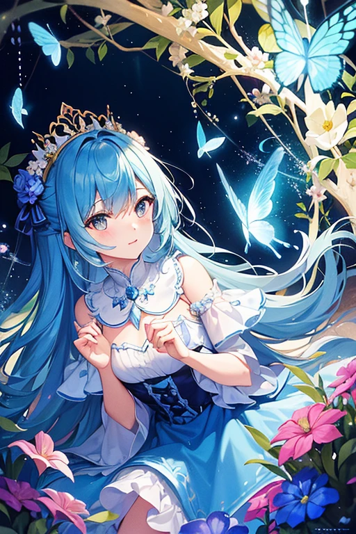 Beautiful girl in fairy costume, Surrounded by flowers and butterflies. content: watercolor. style: Strange and exquisite, Like a children's book illustration.Large Breasts, (Large areola:1), , (Pure face_V1:0.5) blush