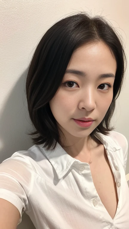 highest quality,masterpiece,Ultra-high resolution,(Realistic:1.4),Beautiful lighting, (Highly detailed CG Unity 8k wallpaper), Beautiful face in every detail,Detailed clothing, 50mm portrait photography, No background、One Girl,Big black eyes, cute, young, Temporarily stop, Facial Lighting, Physically Based Rendering,Written boundary depth , Black Hair, short hair, ((Take from above)), Japanese women、20-year-old、White shirt、(Big Breasts)、(Upper Body)、Young and beautiful woman taking a selfie, Taken with iPhone camera、In front of a white wall