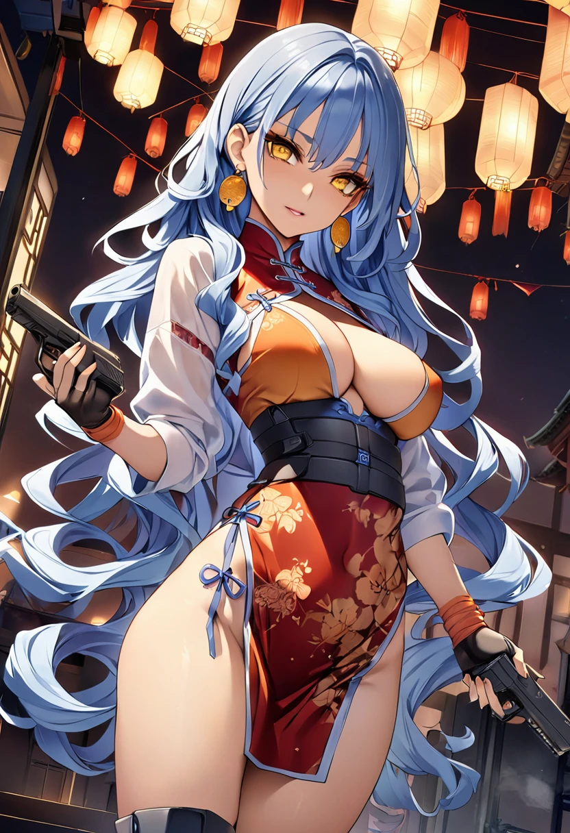 masterpiece、highest quality、Ultra-high resolution、Maximum resolution、Very detailed、Professional Lighting、anime、Adult female、thin、so beautiful、、China dress、Has a handgun、Hold a handgun with both hands、Yellow Eyes、Blue Hair、Long Wavy Hair、Earrings、Fingerless gloves、Tactical Boots、Equipped with transparent orange sunglasses、Equipped with a chest rig、Are standing