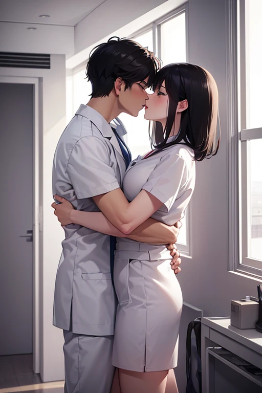 8K, highest quality, masterpiece, Ultra-high resolution, Hospital room, ((One male)), doctor, White, (Deep Kiss), (Embrace each other), (One female), Nurse uniform